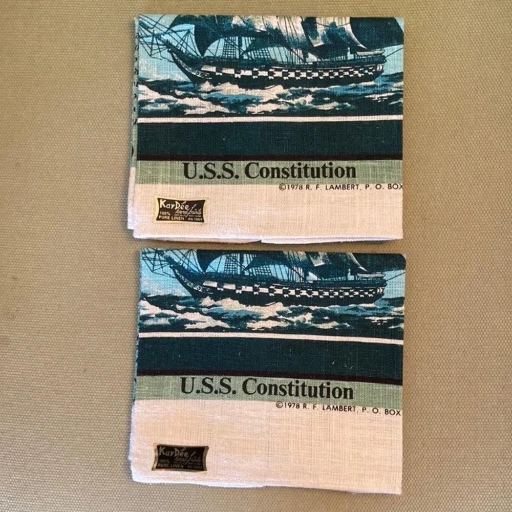 1970s 2 unused linen kitchen towels, Old Ironsides, USS Constitution, with poem